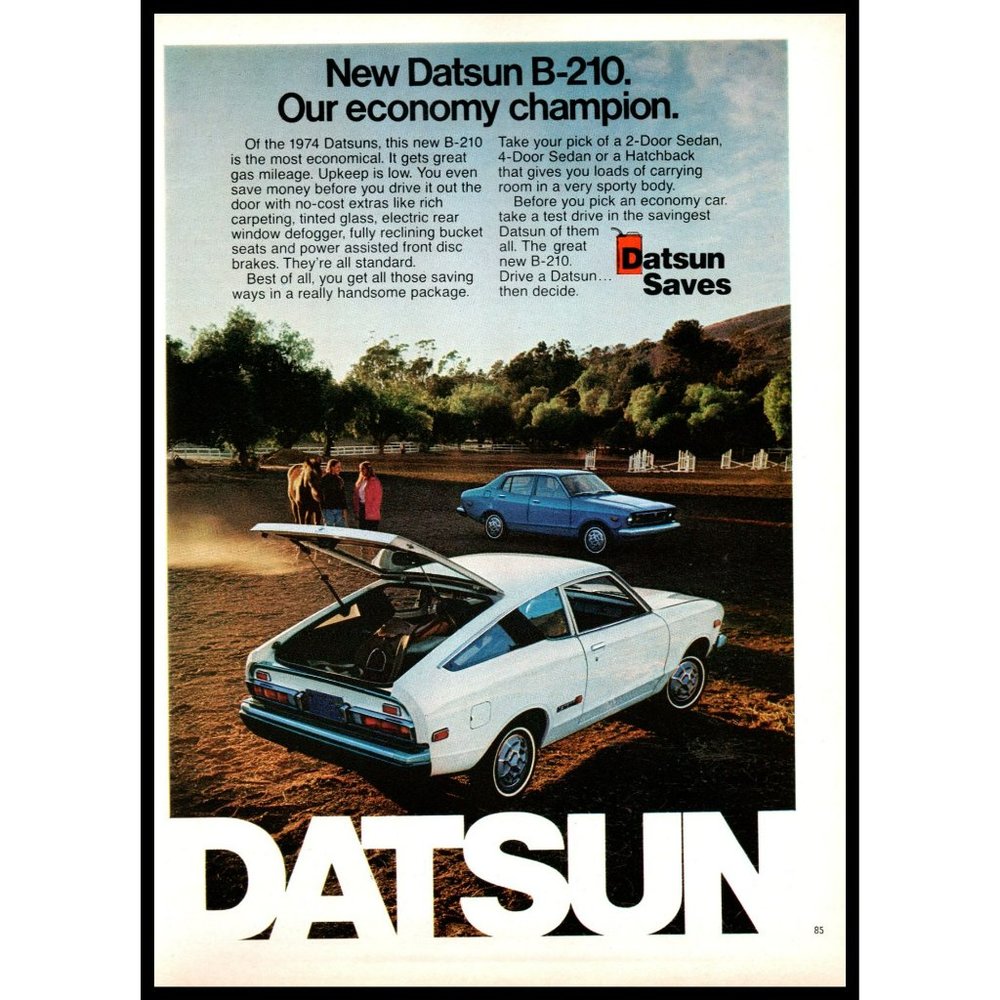 1974 Datsun B-210 White Hatchback Blue Sedan Vintage Print Ad Horse Equestrian